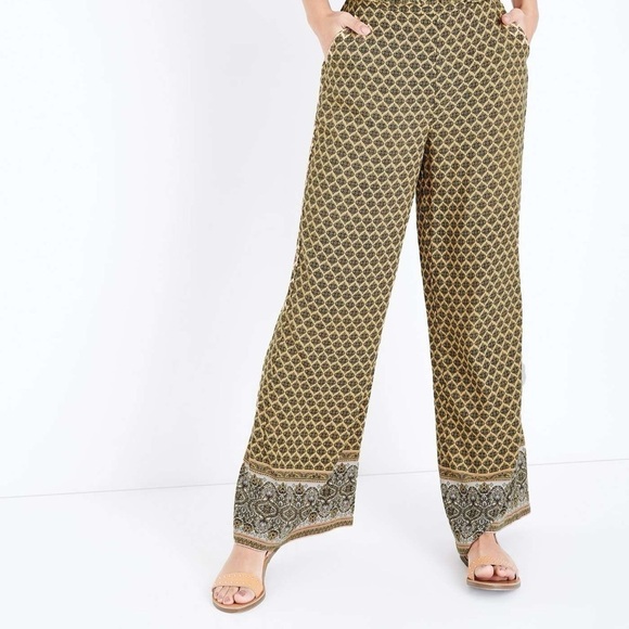 New Look Pants - Womens Sz 6 Boho Wide Leg Pants Floral Lightweight Elastic Waist Pockets Casual